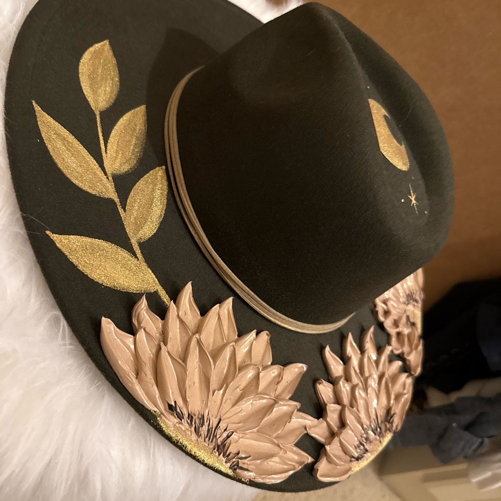 Wide brim rancher Hat with hand painted Floral detail